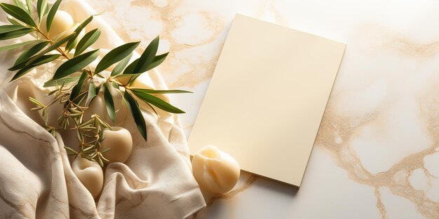 Foto papelería de bodas de verano modelo de tarjeta de felicitación en plato telón de fondo de mármol beige ramas de olivo cinta de seda de fruta a la luz del sol sombras largas