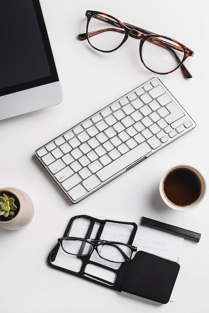 Papelería cerca de las gafas y el teclado