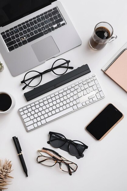 Papelería cerca de las gafas y el teclado