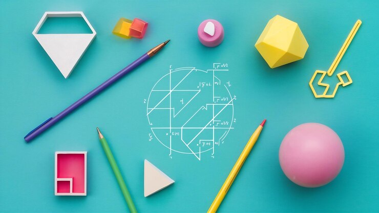 Foto papelería mintiendo cerca de formas geométricas y fórmula