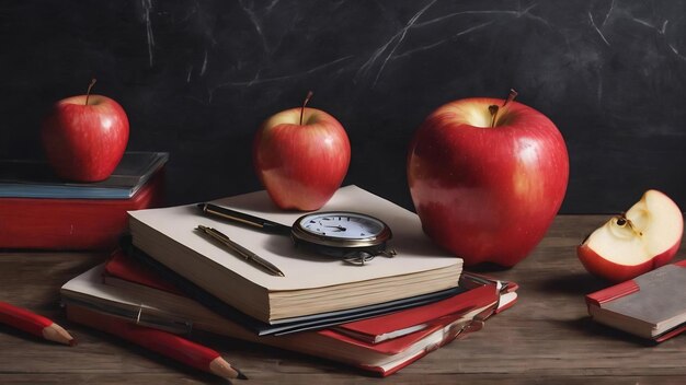 Papelería roja cerca del reloj y la manzana en la pizarra