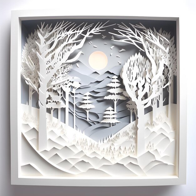 Papercut Diorama da Floresta de Inverno Arte de papel Ilustração em camadas da Vida Selvagem Banner de Ecologia da Natureza