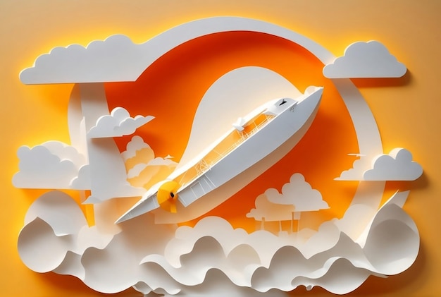 Papercut-Stil eines fliegenden Flugzeugs Wolke Sonne orangefarbene Hintergrund Illustration Generative KI