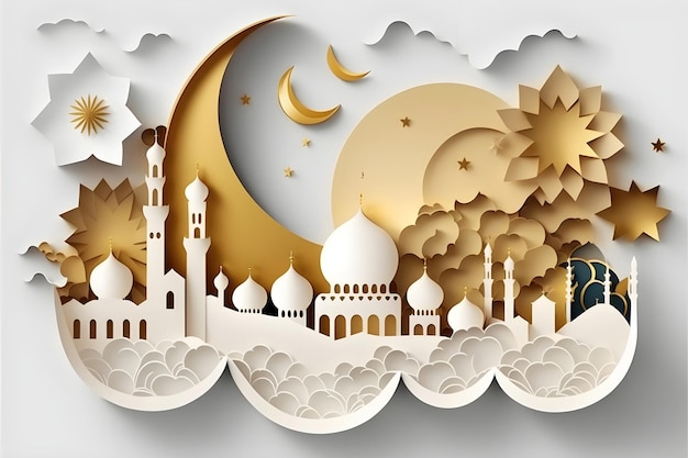 Papier geschnittene Vektorgrafik mit Moschee und Mondwolken in Gold und Weiß Ramadan Generative AI