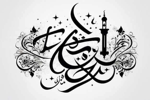 Papier Grafik islamischer Glücklicher Eid Mubarak Text in weißem isolierten Hintergrund in arabischer Schrift in Ramadan Kareem