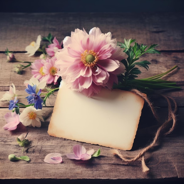 Foto papier mit blumen auf holzhintergrund