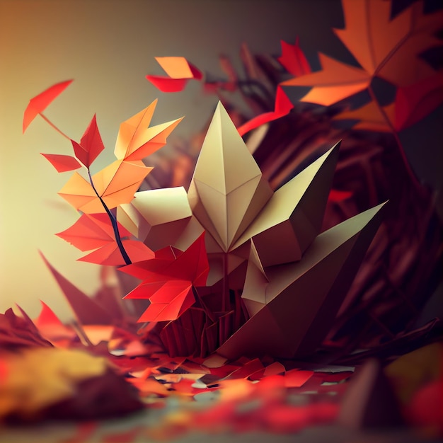 Papier-Origami-Vögel und Herbstblätter 3D-Darstellung