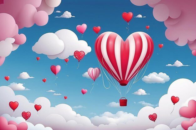 Papier-Stil Liebe am Valentinstag Ballon fliegt über Wolken mit Herzen schwebt am Himmel Paar Flitterwochen Vektor Illustration Hintergrund