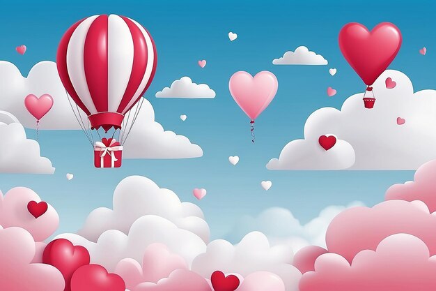 Papier-Stil Liebe am Valentinstag Ballon fliegt über Wolken mit Herzen schwebt am Himmel Paar Flitterwochen Vektor Illustration Hintergrund