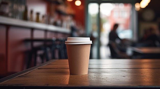 Papierbecher Kaffee auf einem Holztisch in einem Café, Platz für Text und Design