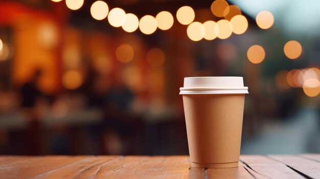 Papierbecher Kaffee auf einem Holztisch in einem Café, Platz für Text und Design