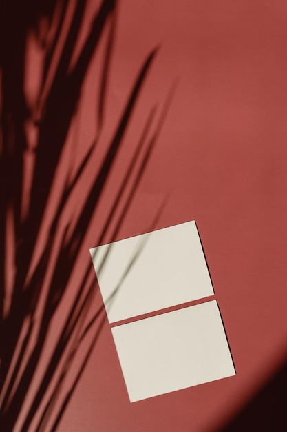 Papierbogenkarte mit leerem Mockup-Kopierraum auf rotbraunem Hintergrund mit floraler Schattensilhouette aus Palmblättern in sanftem Sonnenlicht