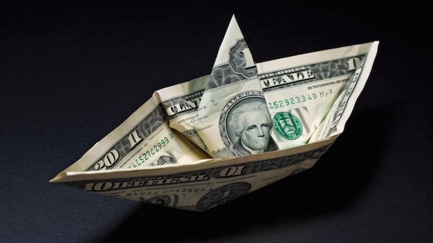 Papierboot aus Dollar-ähnlichen Banknoten im Geld- und Finanzkonzept mit generativer KI-Technologie