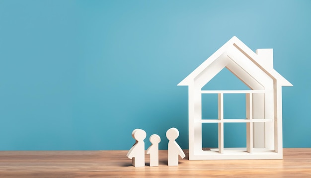 Papierfamilien- und Hausmodell auf Holztisch auf blauem Wandhintergrund