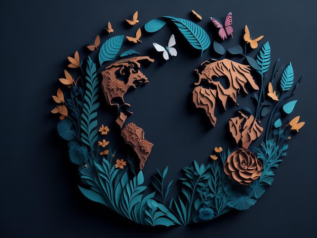 Papiergeschnittener Blumenkranz auf dunklem Hintergrund 3D-Illustration Das Konzept des Umweltschutzes