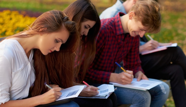 Papierkram, Teamwork, soziale Umfrage, Studentenausbildung, Lifestyle-Konzept für Freunde. Gruppe von Personen füllt Dokumente im Freien aus