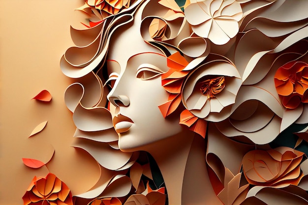 Papierkunst Abstrakte Frau mit Blumenkomposition Generieren Sie Ai
