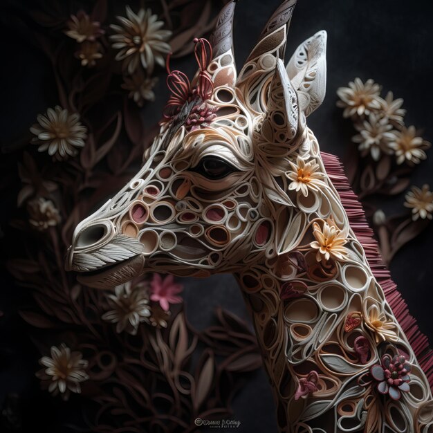 Papierkunst einer Giraffe mit Blumen