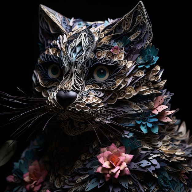 Papierkunst einer Katze mit Blumen