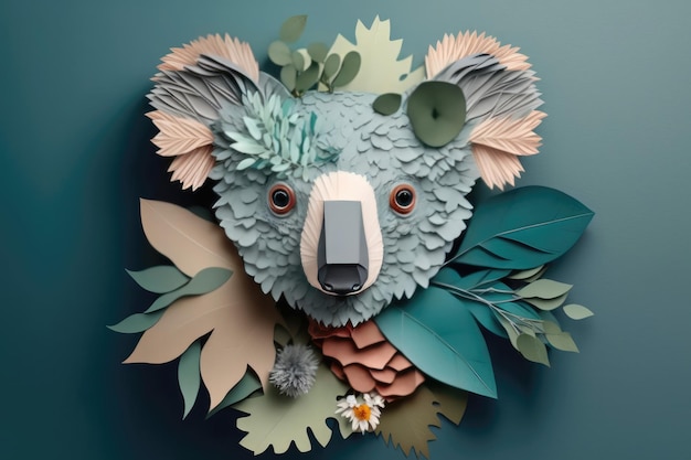 Papierkunst-Koala-Gesicht mit Blumen