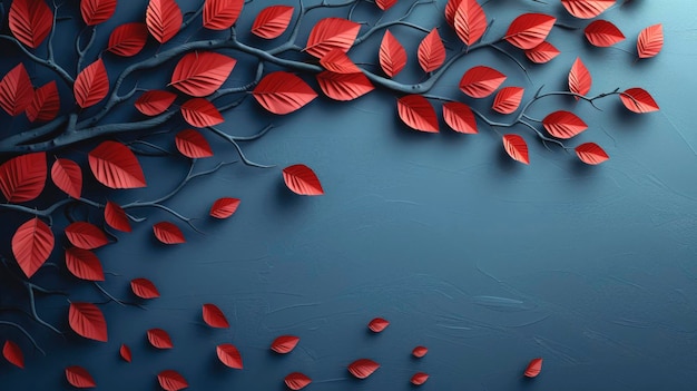 Papierlandschaftsbaum mit roten Blättern auf blauem Hintergrund