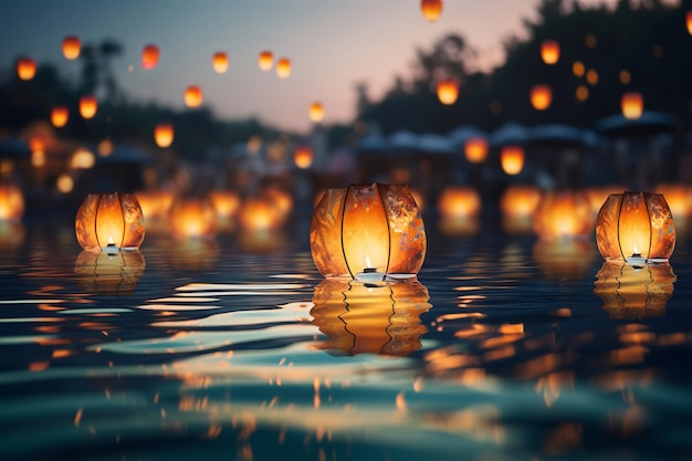 Papierlaternen schwimmen auf dunklem Wasser Traditionelles Schwimmlaternenfestival Gedenktag Generative KI-Illustration