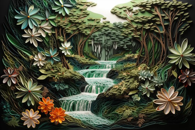 Papierquilling von tiefem Wald mit Wasserfall und Wildblumen