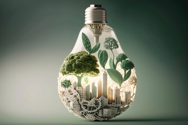 Papierschnitt der Glühbirne mit grüner Ökostadt Erneuerbare Energie bis 2050 CO2-neutrale Energie oder Treibhausgasemission CO2 Sparen Sie Energie kreatives Ideenkonzept