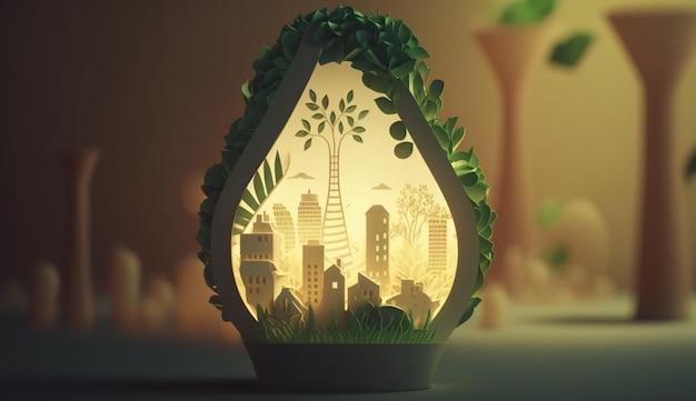 Papierschnitt einer Glühbirne mit grüner Öko-Stadt, erneuerbarer generativer KI