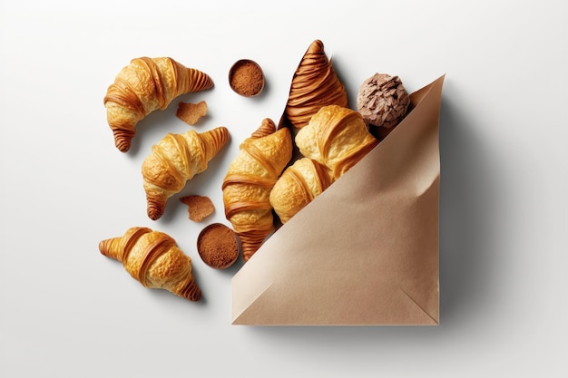 Papiertüte mit Croissants auf weißem Hintergrund Platz für Design AI generiert