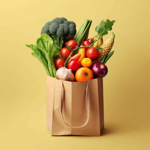 Papiertüte mit frischem Gemüse und Obst. Gesundes Lebensmittel-Einkaufskonzept