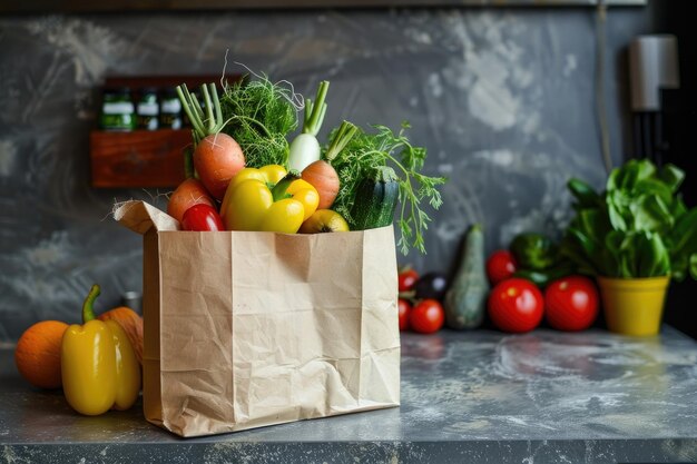 Papiertüte mit Gemüse und Obst Vegetarische Nahrung