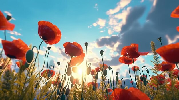 Papoilas vermelhas em um campo ao pôr do sol Flores do céu azul de perto Criado com a ajuda de artificial