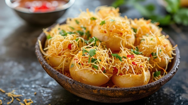 Foto papri o papdi chat también conocido como sev batata puri bocadillos indios populares o comida callejera enfoque selectivo