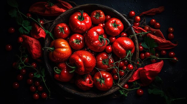 Paprica vermelha e fresca em fundo escuro