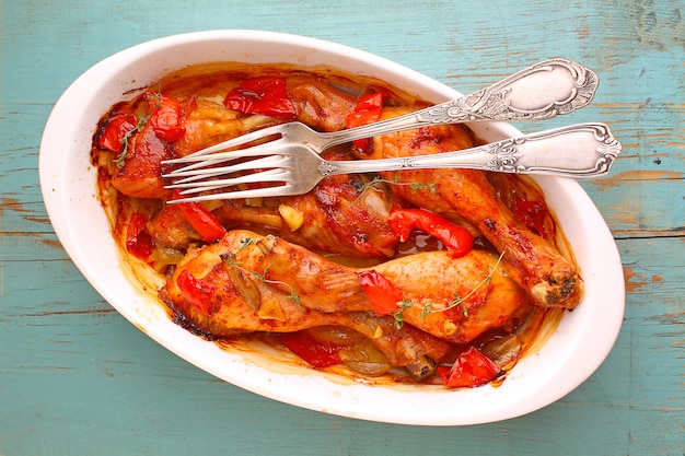 Foto paprika al pollo al horno con cebolla