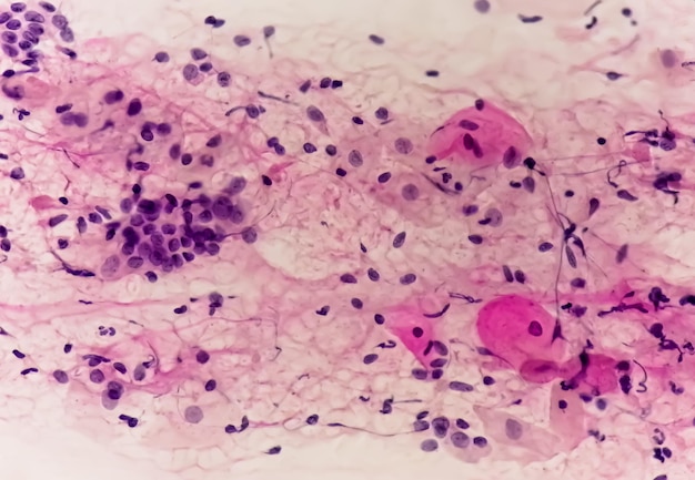PAPS-Abstrichstudie einer jungen Frau unter Mikroskopie, die atrophische Veränderungen im Uterus zeigt