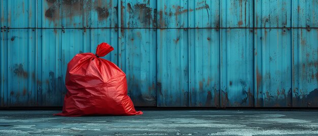 Paquete de basura rojo contra un telón de fondo azul limpio con un gran espacio vacío IA generativa