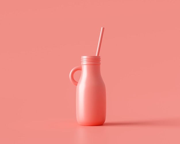 Paquete de botella rosa de vidrio y paja sobre fondo de color pastel representación 3d