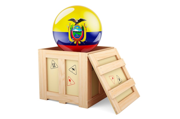 Paquete de caja de madera con bandera ecuatoriana Envío y entrega en Ecuador concepto renderización 3D aislado en fondo blanco