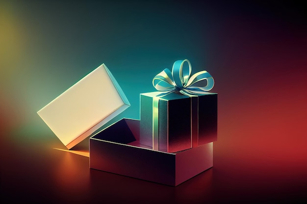 Paquete de caja de regalo con cinta sobre fondo borroso de colores