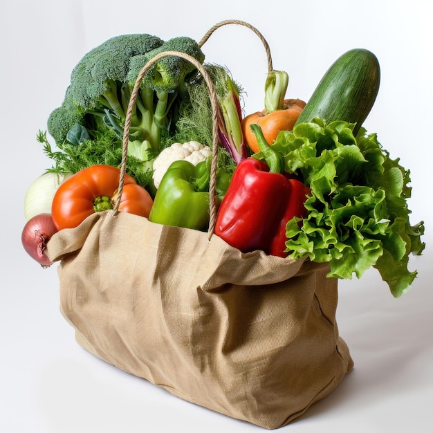 Paquete de compras ecológicas lleno de verduras frescas en primer plano sobre un fondo blanco