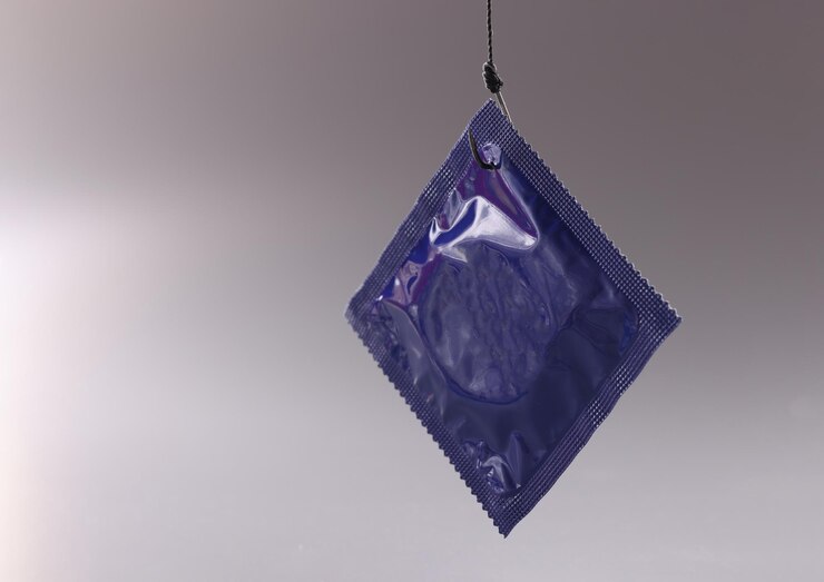 Foto paquete de condones individuales sobre fondo gris colgando de un gancho