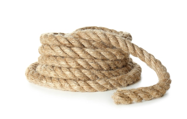 Paquete de cuerda de cáñamo sobre fondo blanco Material orgánico
