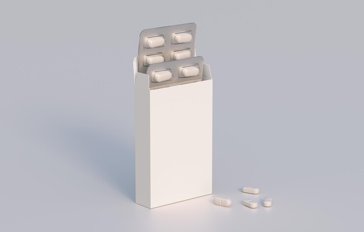 Paquete con dos ampollas con pastillas de medicamentos Plantilla de maqueta Representación 3d