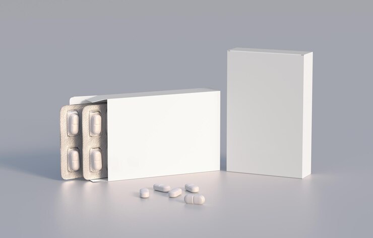 Paquete con dos ampollas con pastillas de medicamentos Plantilla de maqueta Representación 3d
