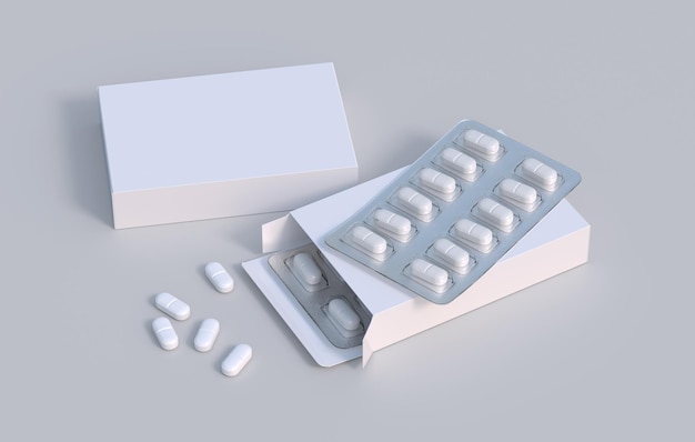 Paquete con dos ampollas con pastillas de medicamentos Plantilla de maqueta Representación 3d