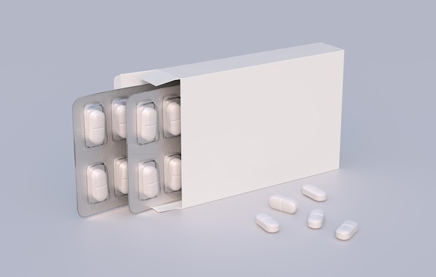 Paquete con dos ampollas con pastillas de medicamentos Plantilla de maqueta Representación 3d