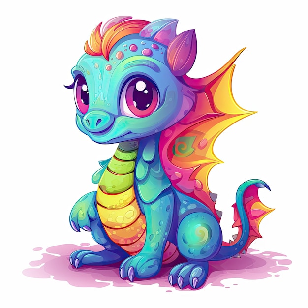 Paquete de dragón bebé para colorear página Lindo juego de dragón bebé Colección de dragones bebé coloridos para niños página para colorear Cachorro de dragón con pelaje colorido y alas en una superficie blanca IA generativa