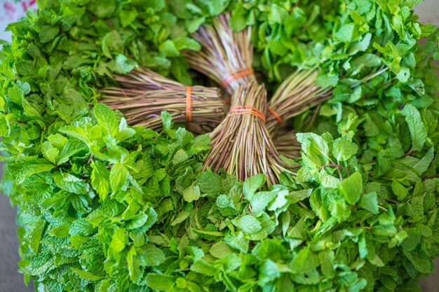 Paquete de menta fresca en el mercado de productos frescos, para el aceite esencial, goma de mascar y pasta de dientes.